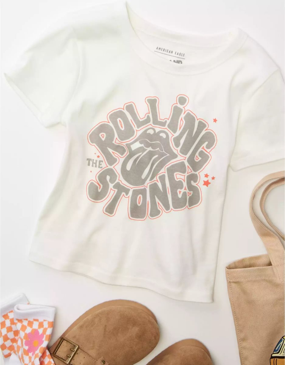 T Shirts American Eagle AE Rolling Stones Graphique Baby Tee Blanche Femme | ZPE-13328299